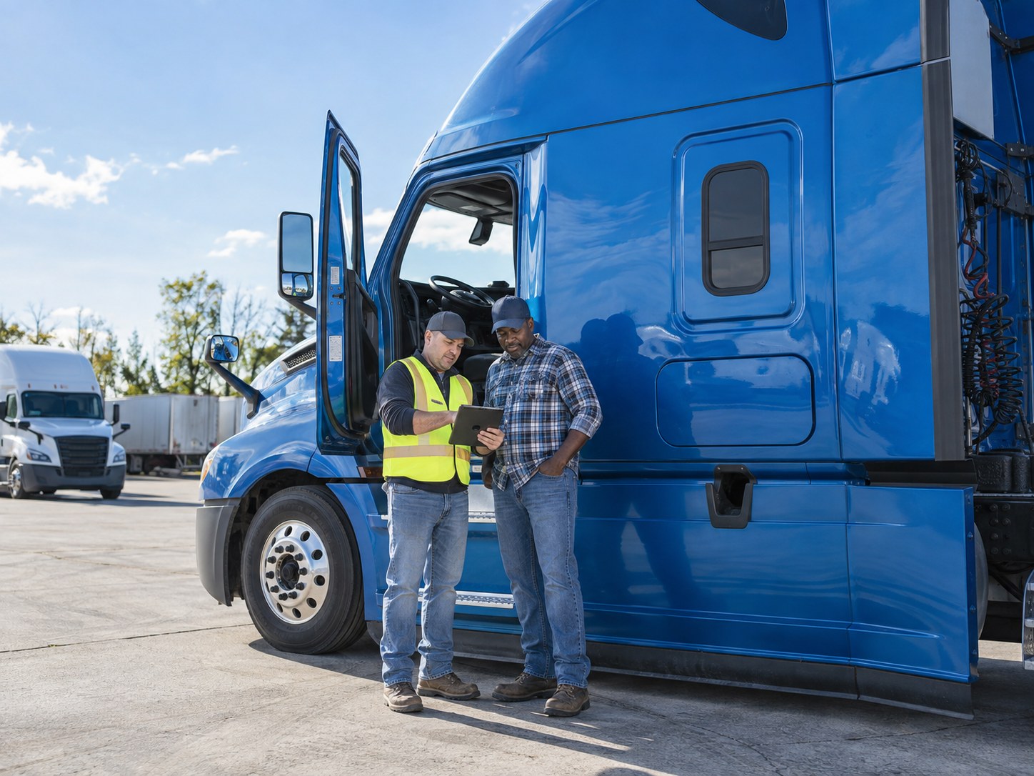 Safety manager and driver beside the truck reviewing a coaching scorecard on a tablet