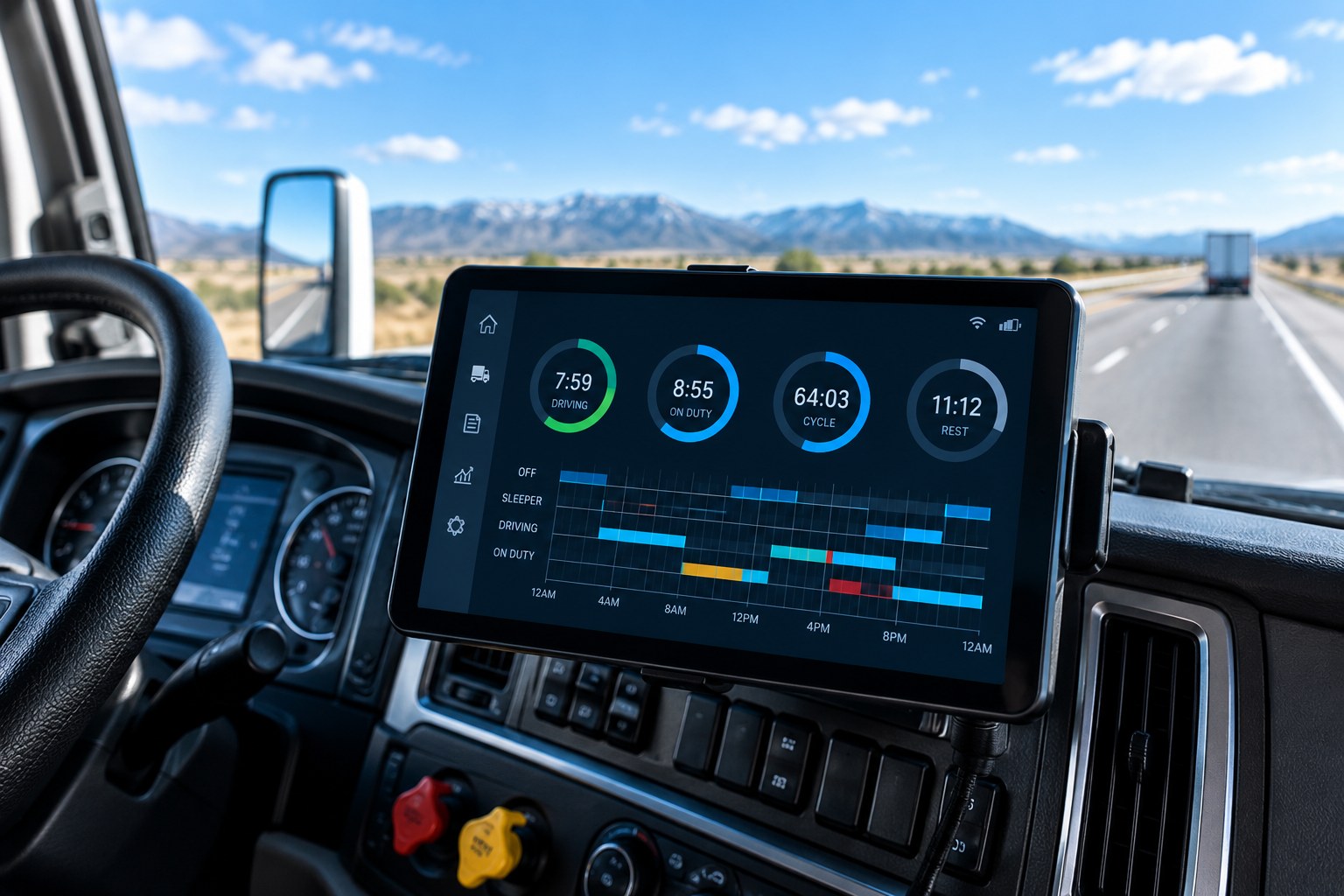 ELD tablet mounted on the dash of a Class 8 truck in daylight