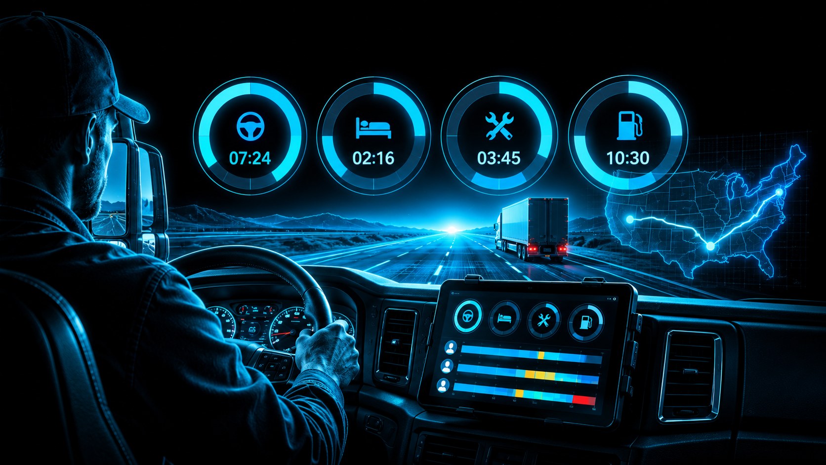 X3 HOS intelligence: four glowing hours-of-service clocks for one driver on black