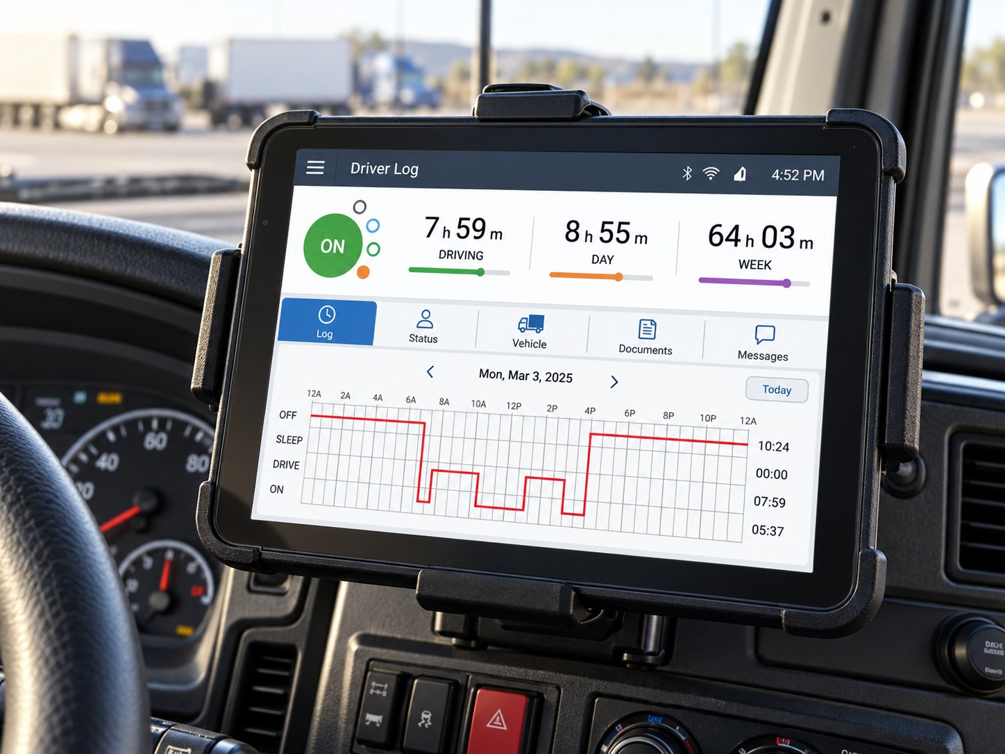 Driver log on a dash-mounted ELD tablet: duty-status graph and remaining hours