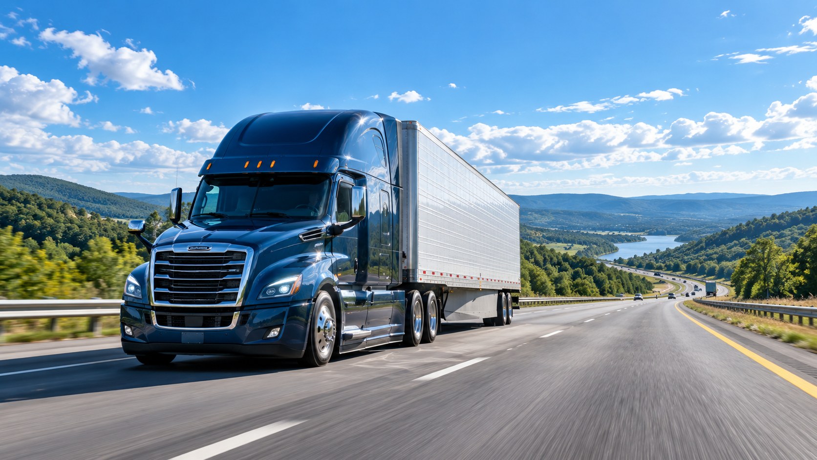 A tractor-trailer rolling down the interstate mid-morning, hours in hand