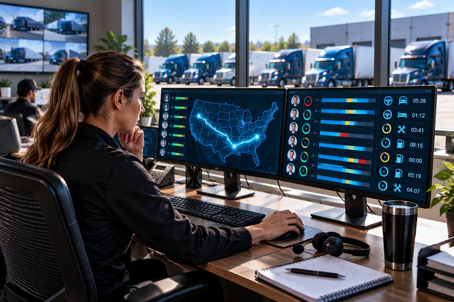 Dispatcher at a bright dispatch desk with driver clocks and the route on screen