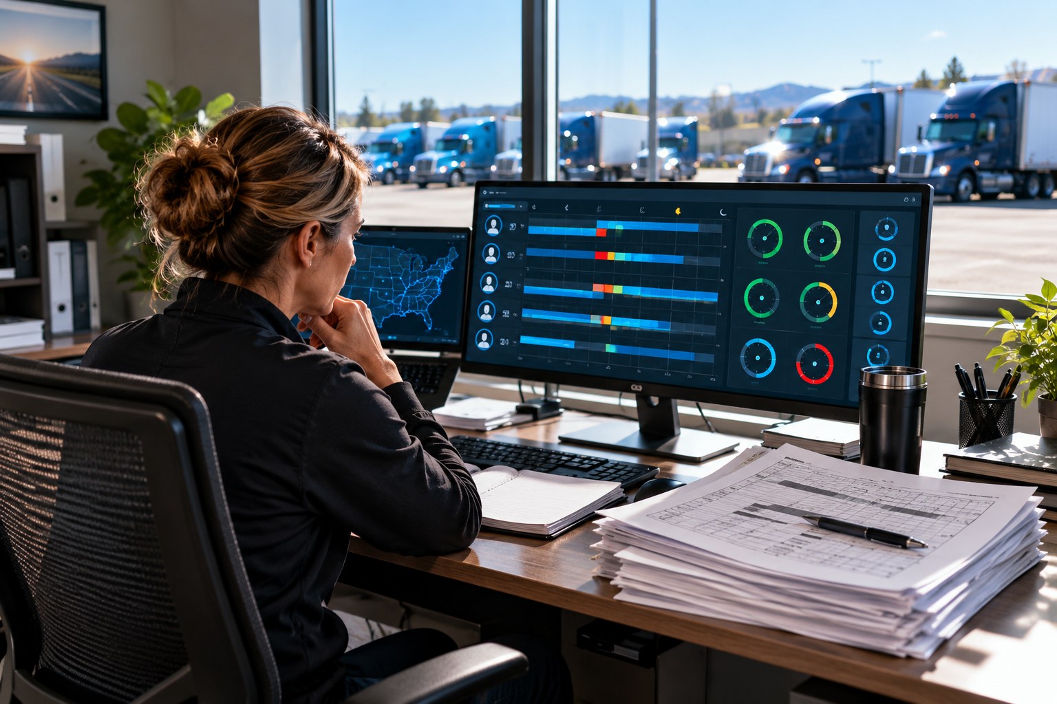 Safety manager at a desk reviewing driver logs on screen and printed records of duty status